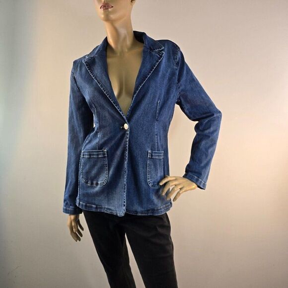 Elliott Lauren One-Button Blazer Stretch Denim Size 8 - Picture 2 of 11